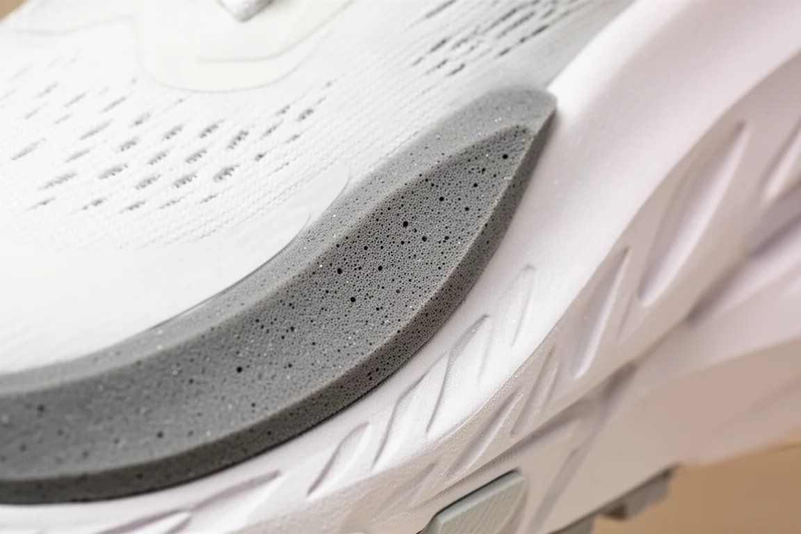 Close-up van een steviger grijs foamsectie aan de mediale zijde van een tussenzool van een hardloopschoen