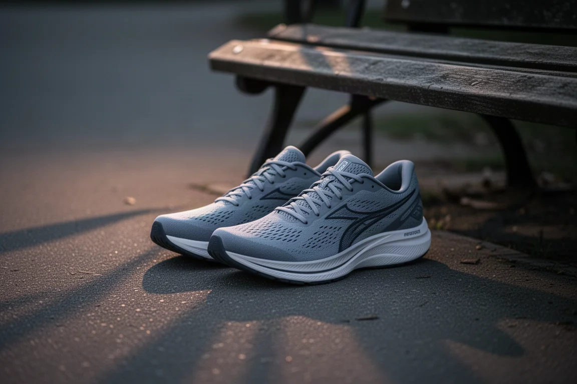 Paar hardloopschoenen naast een bankje in zacht avondlicht