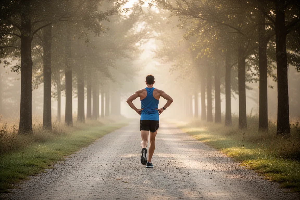 Runner che si allunga su un sentiero tranquillo prima di una corsa leggera