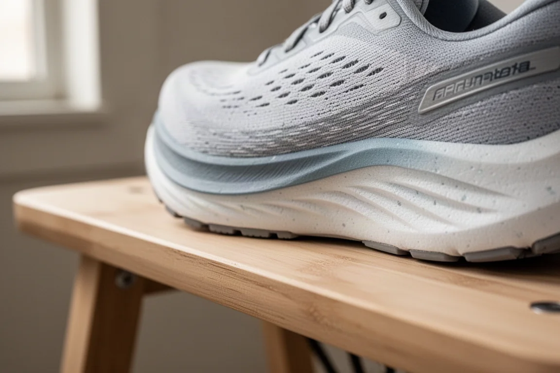 Primo piano della intersuola di una scarpa da running che mostra la texture dell'ammortizzazione