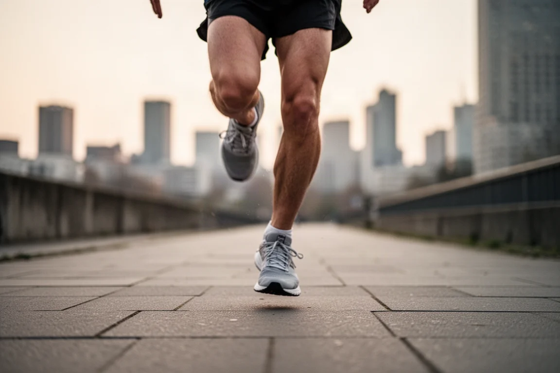 Runner a metà passo su un viale urbano asfaltato nella luce morbida della sera