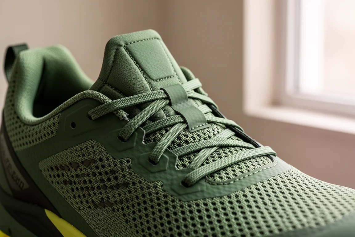 Primo piano della tomaia in mesh verde di una scarpa da trail con linguetta a soffietto e lacci