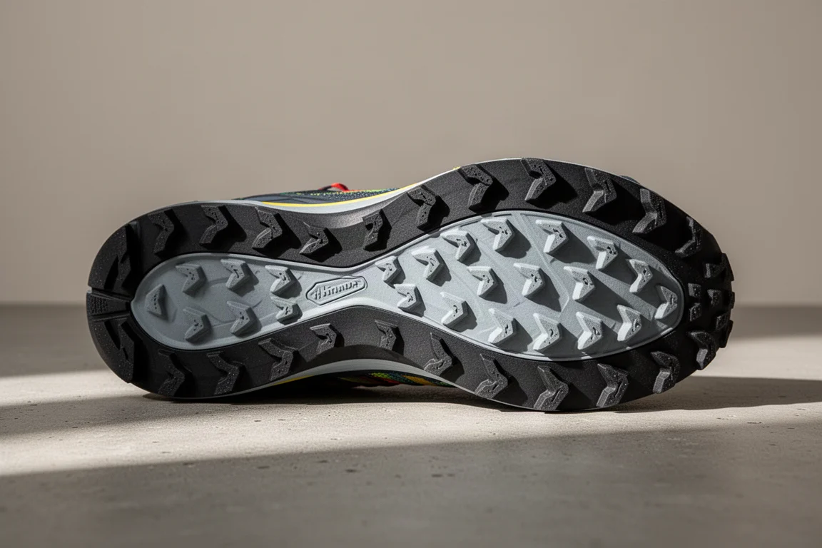 Primo piano dei tasselli della suola Vibram di una scarpa da trail su cemento