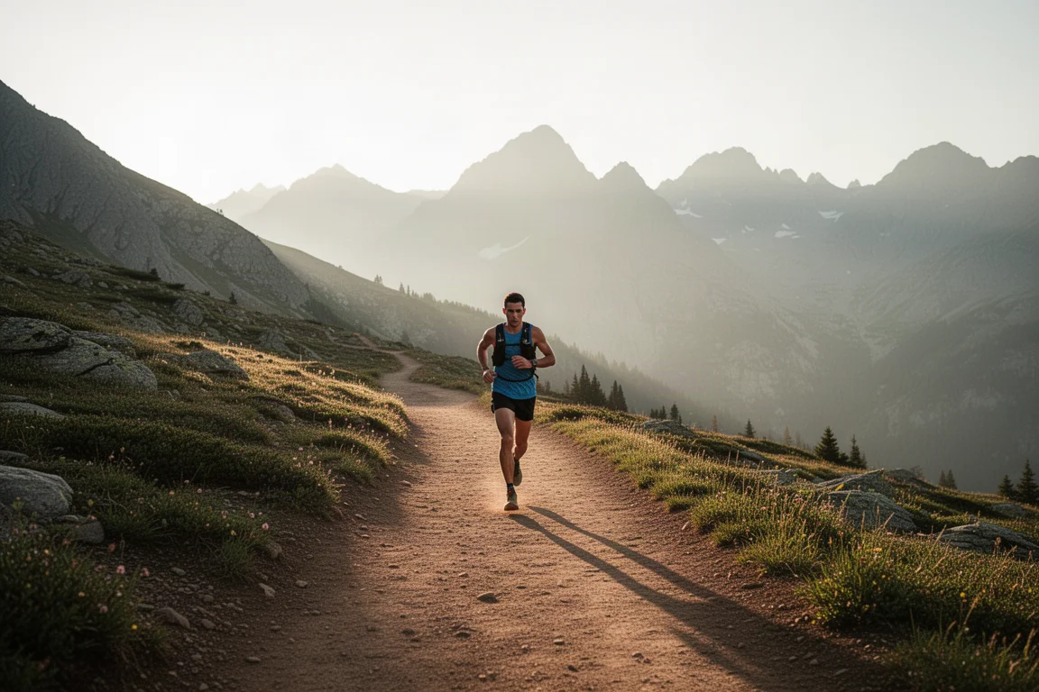 Runner su un lungo sentiero sterrato che scorre attraverso terreno montano elevato