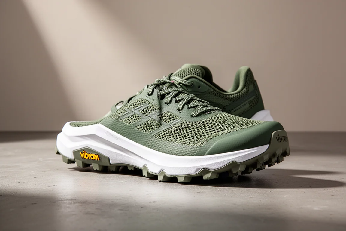 綠色鞋面搭配 Vibram 大底的 Topo Ultraventure 3 越野跑鞋,靜置於水泥地上。