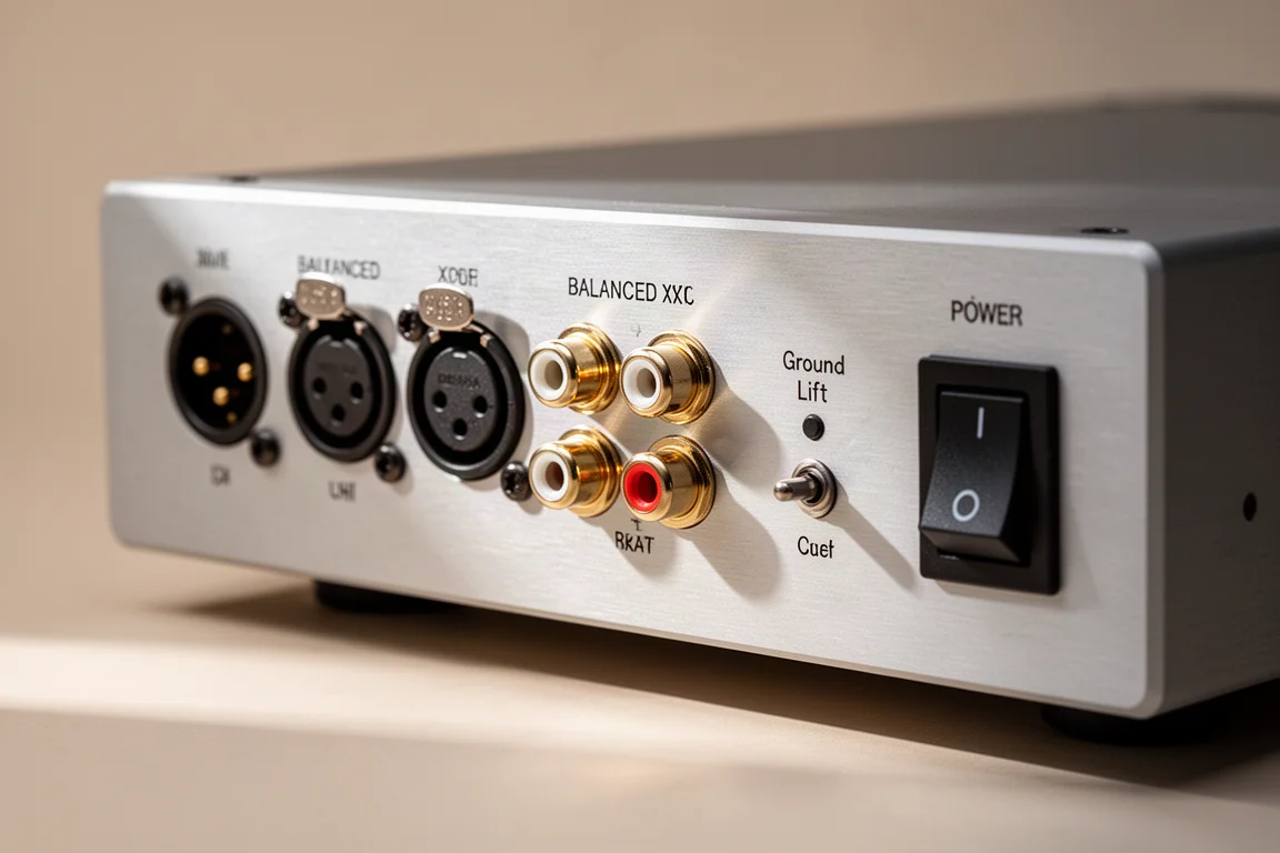 Detail der Rückseite eines Desktop-Verstärkers mit XLR- und RCA-Anschlüssen