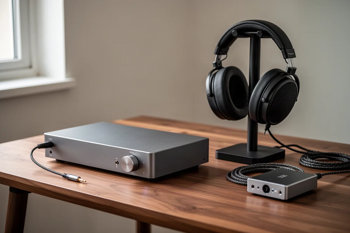 Desktop headphone amplifier and open-back headphones on a walnut desk