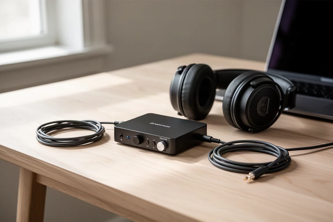 Petit DAC de bureau et casque sur un bureau en bois dans une lumière douce de fenêtre