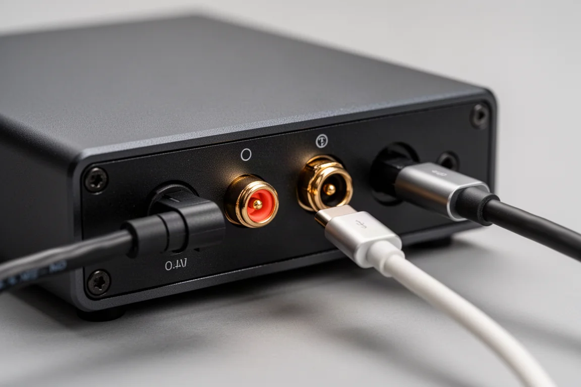 Gros plan sur le panneau arrière d'un DAC compact avec câbles optique et coaxial connectés