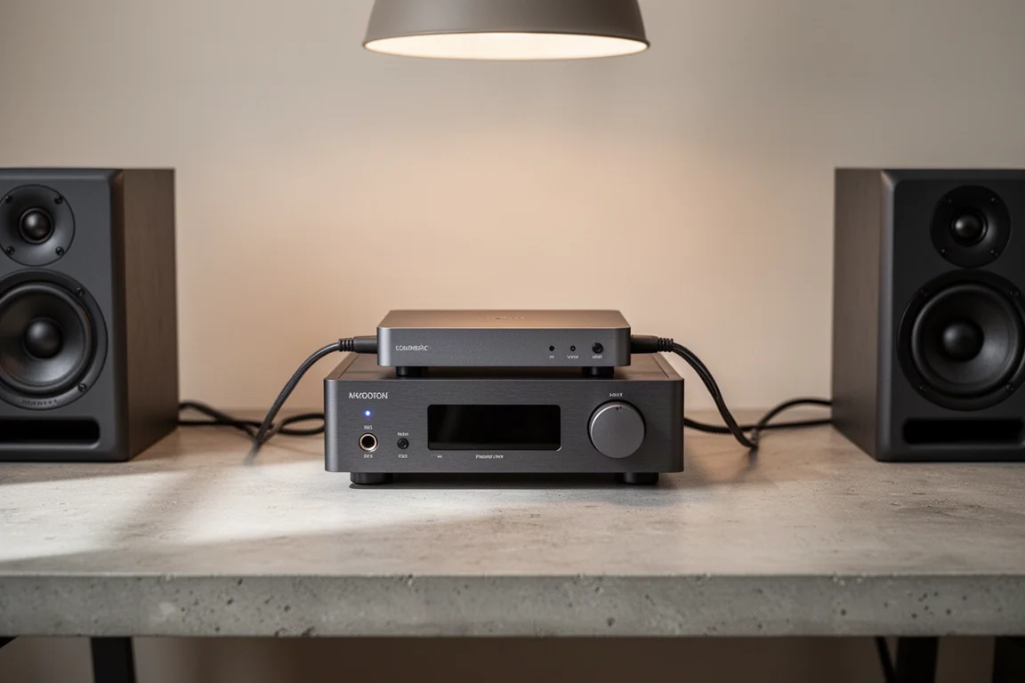 Ensemble audio de bureau compact avec DAC et petit amplificateur sur un bureau