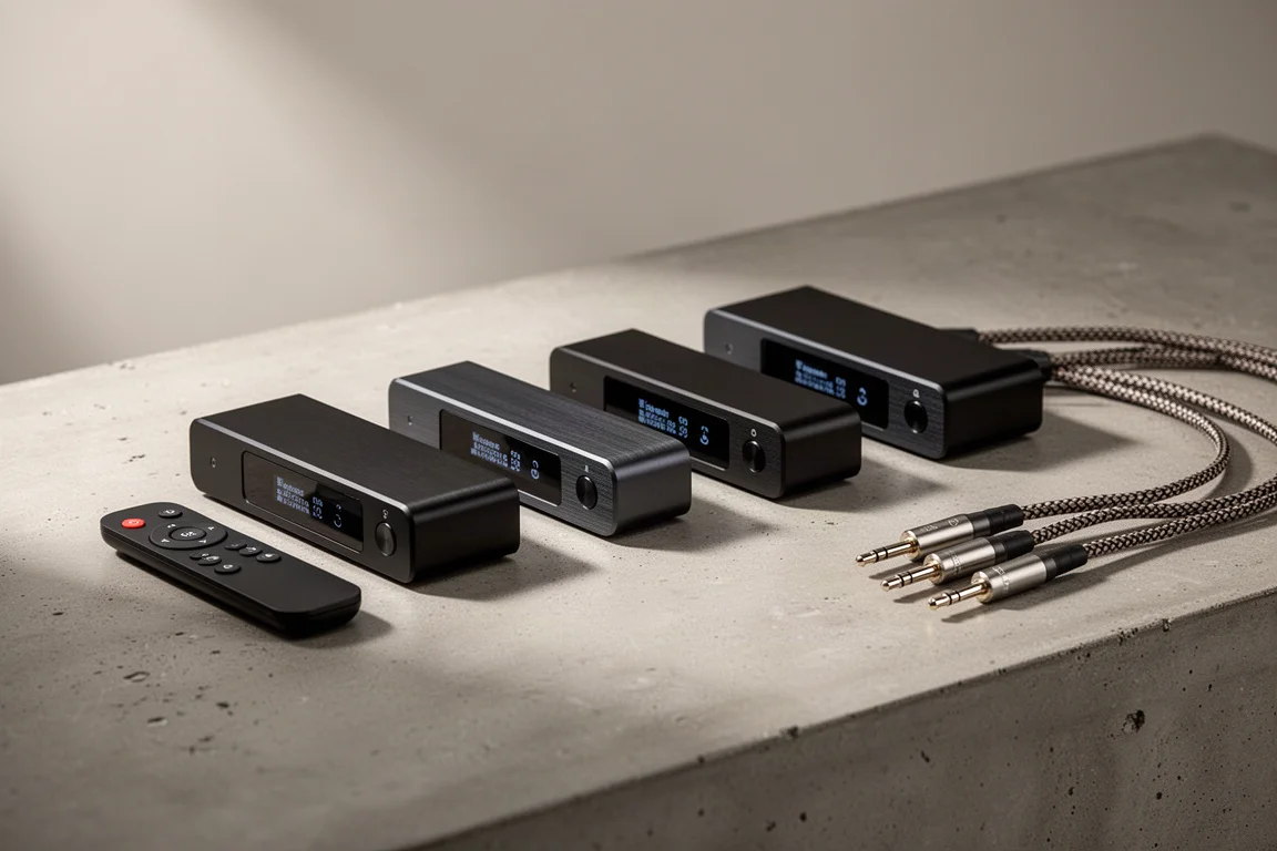 Four compact desktop DACs in dark housings arranged in a row on concrete