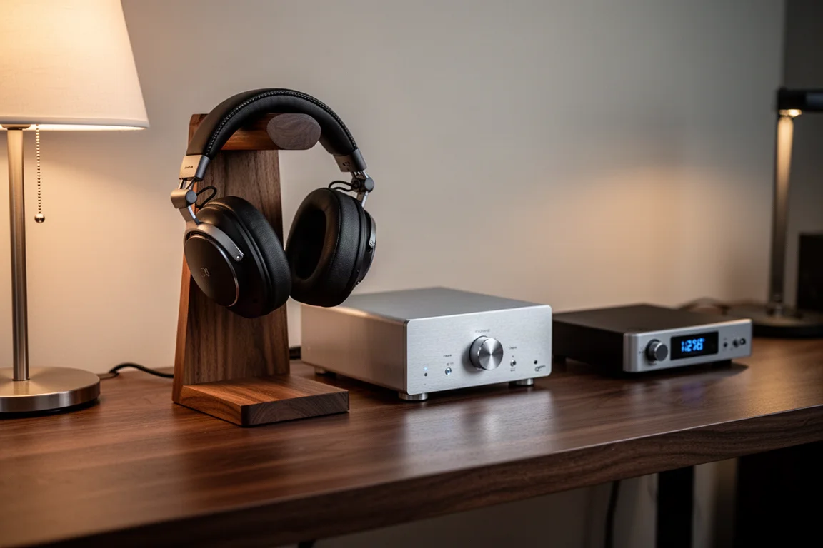 Desktop hi-fi listening setup with headphones, small amplifier and compact DAC in evening light