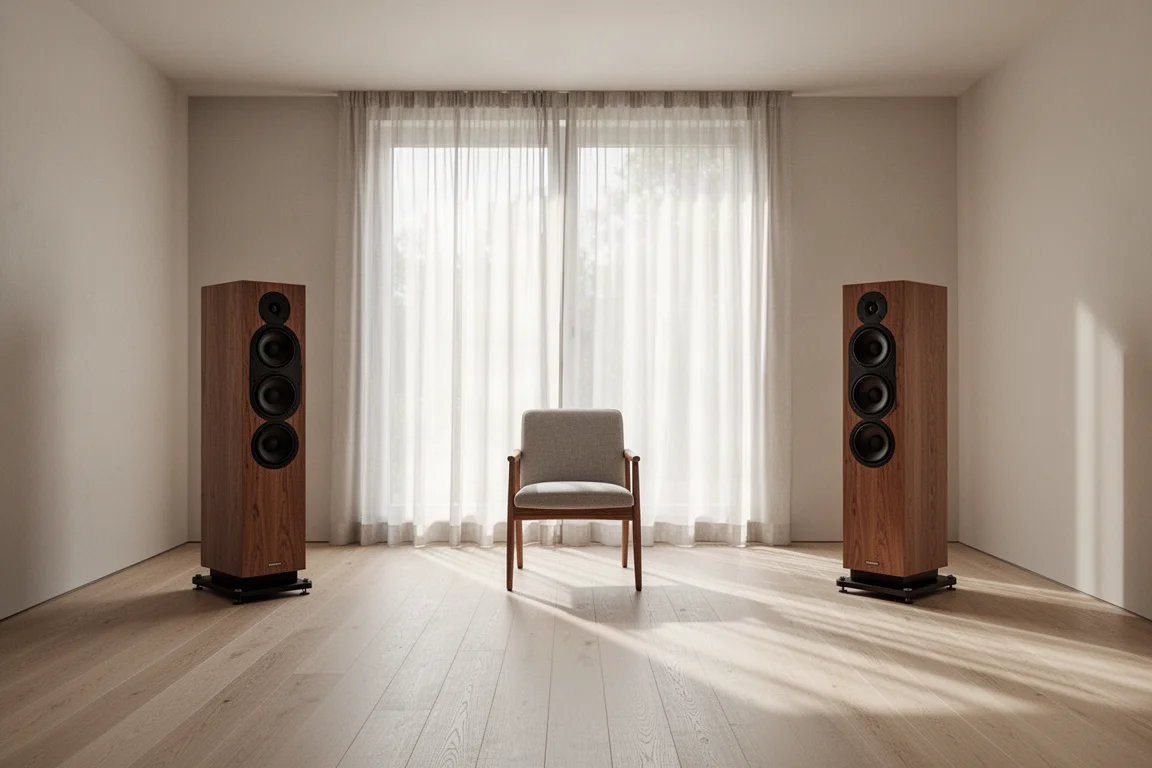 Listening room with floorstanding speakers and a single chair in soft afternoon light