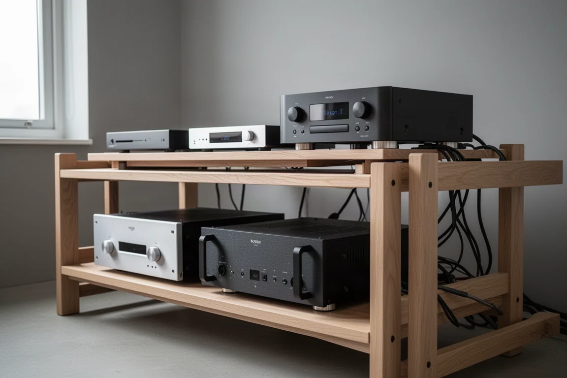 Hi-fi rack holding components of different sizes side by side