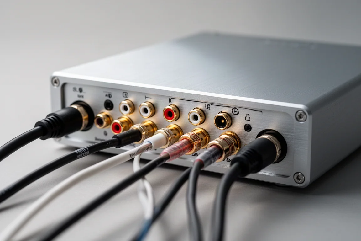 Close-up of rear panel connectors with balanced and single-ended cables plugged in
