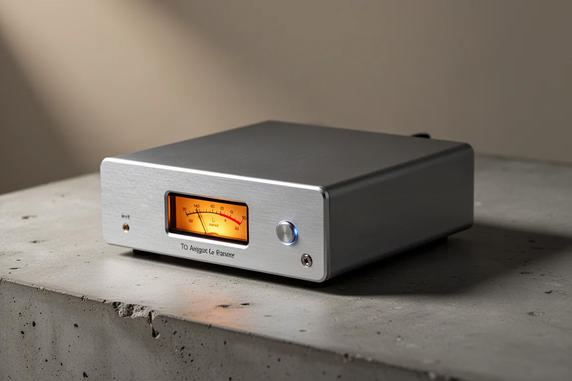 Compact silver desktop DAC with glowing amber level meter on a matte concrete surface