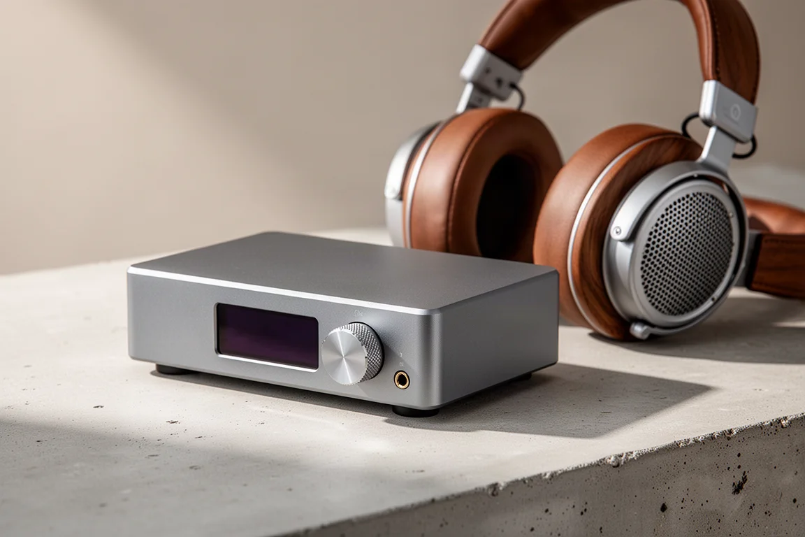 Compact desktop DAC and headphone amplifier beside open-back headphones on concrete
