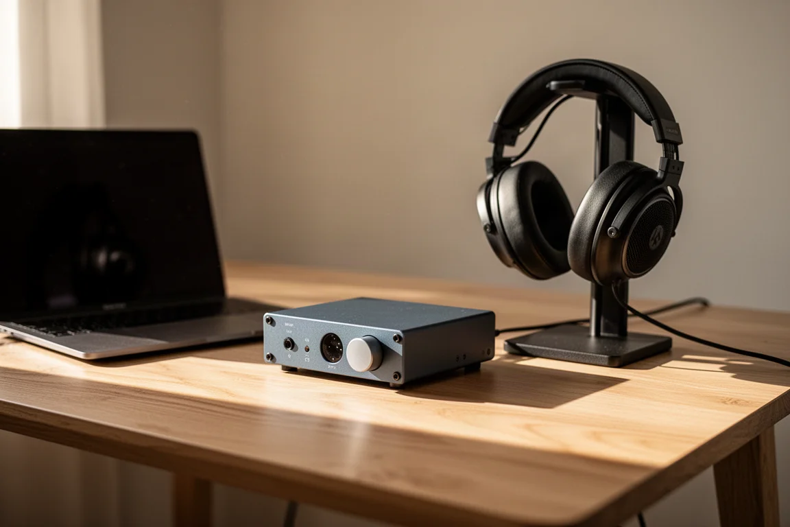Compact DAC and headphone amp on an oak desk beside a laptop and over-ear headphones