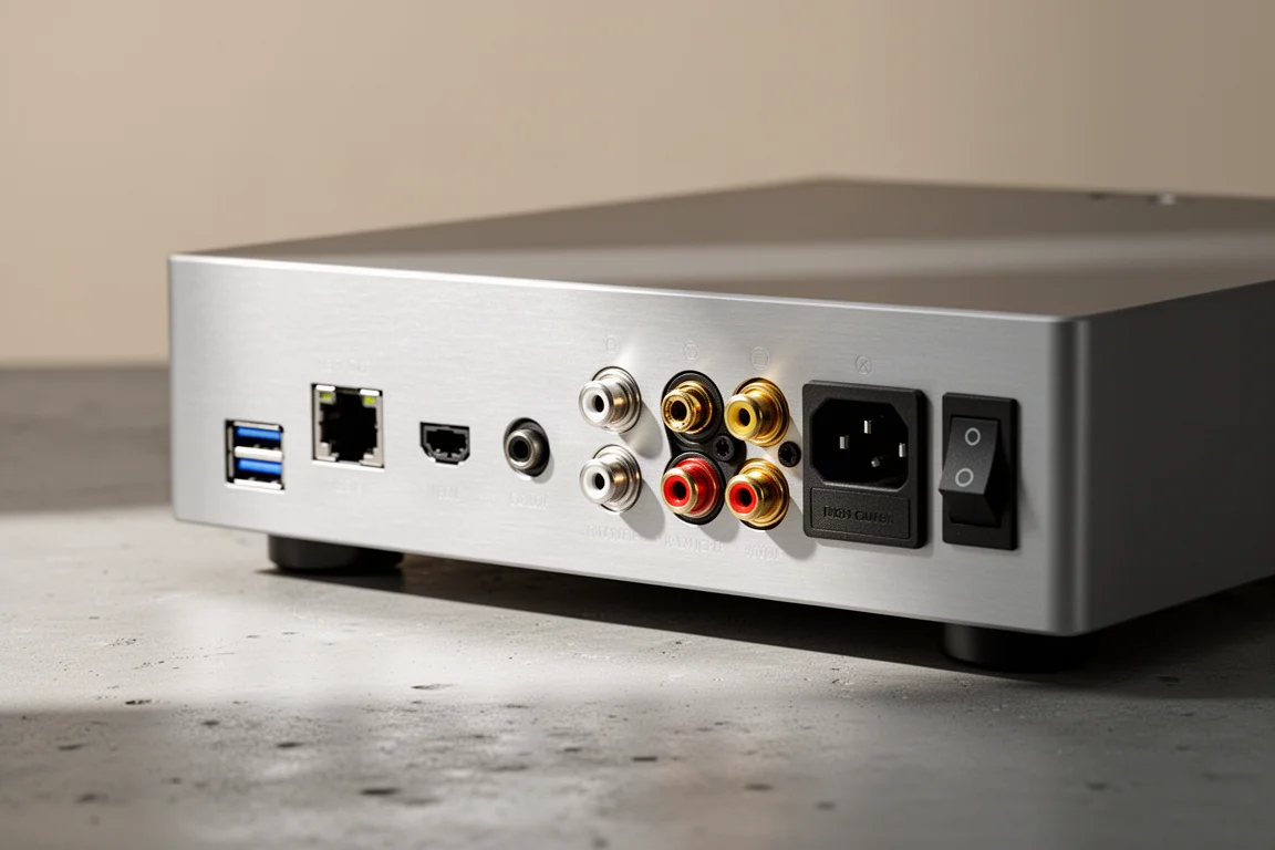Rear panel of a desktop audio unit showing USB, optical, coaxial, and balanced connections