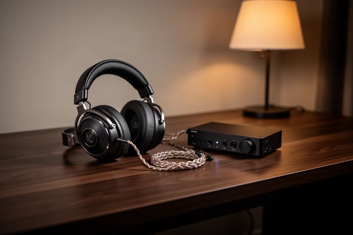 Open-back headphones and a compact audio unit on a walnut desk lit by a warm lamp