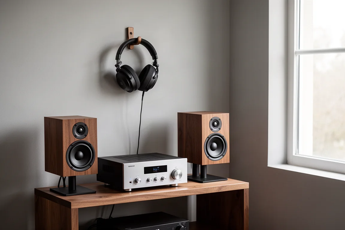 Small desktop hi-fi corner with bookshelf speakers, compact amplifier, and headphones