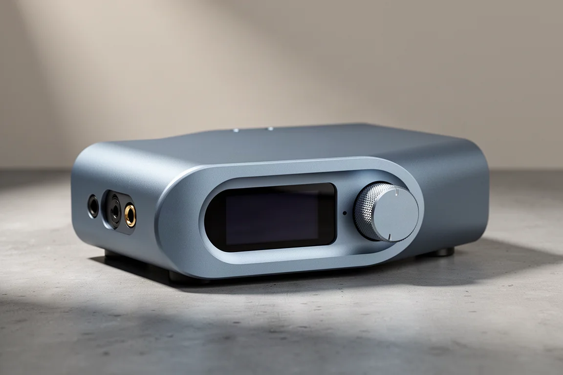 Compact grey-blue desktop DAC and headphone amp with oval faceplate and volume knob
