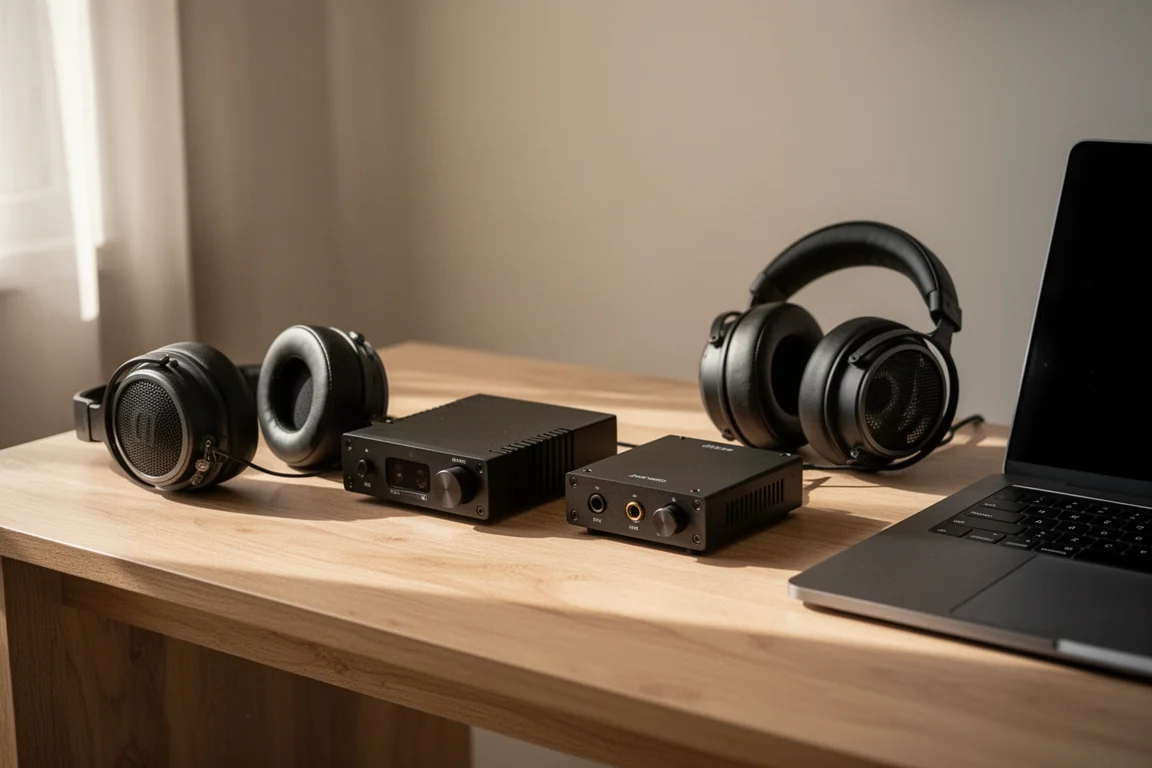 Compact desktop DAC and headphone amplifier on a wooden desk beside open-back headphones