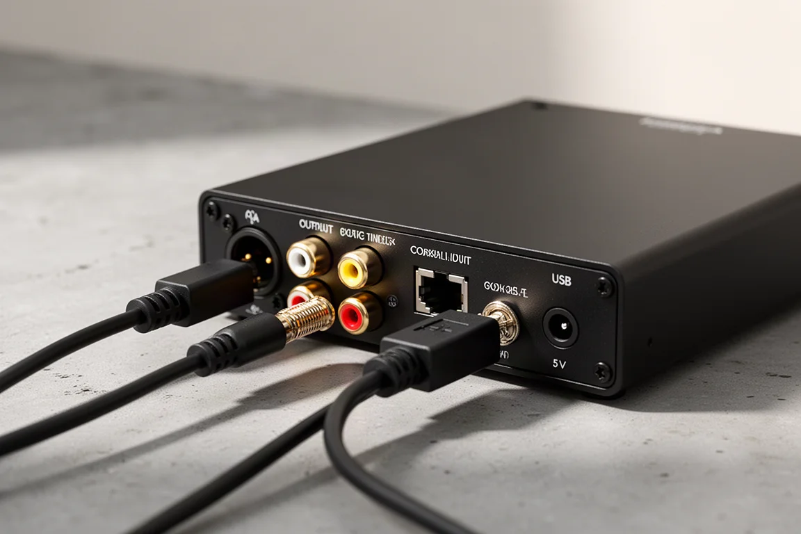 Close-up of rear panel connectors on a compact desktop DAC with cables attached