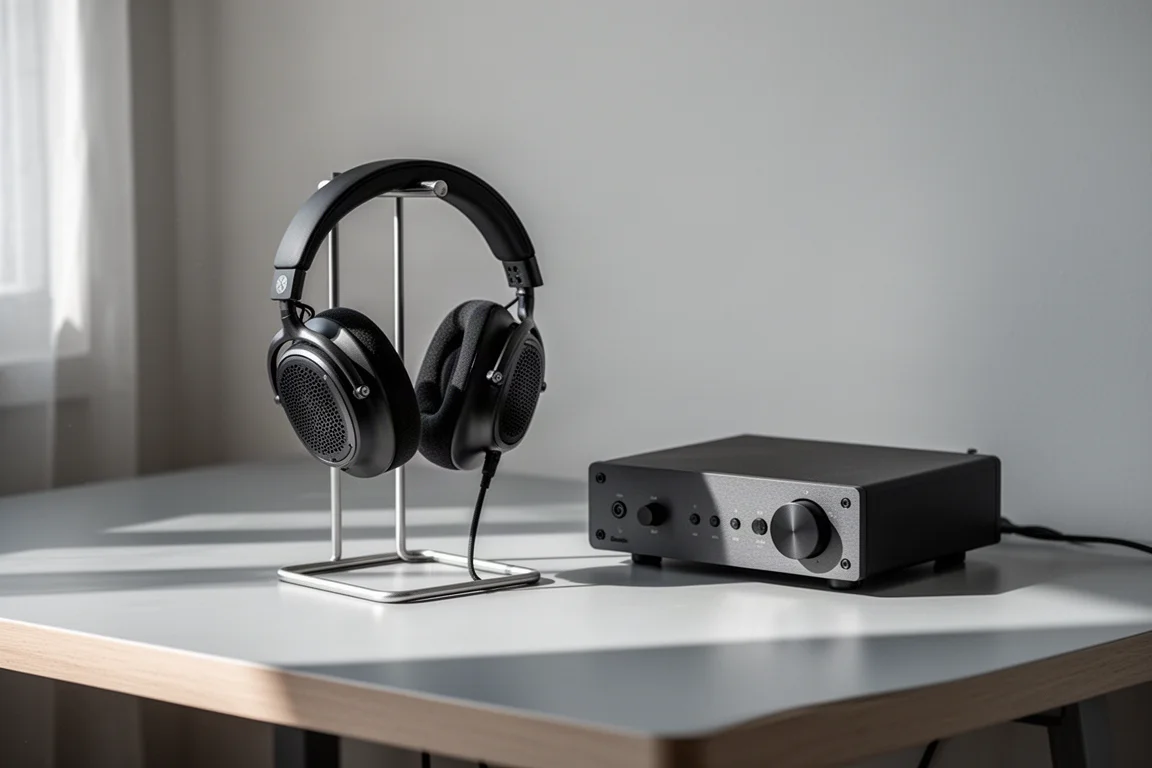 Open-back planar headphones on a stand beside an amplifier in cool morning light