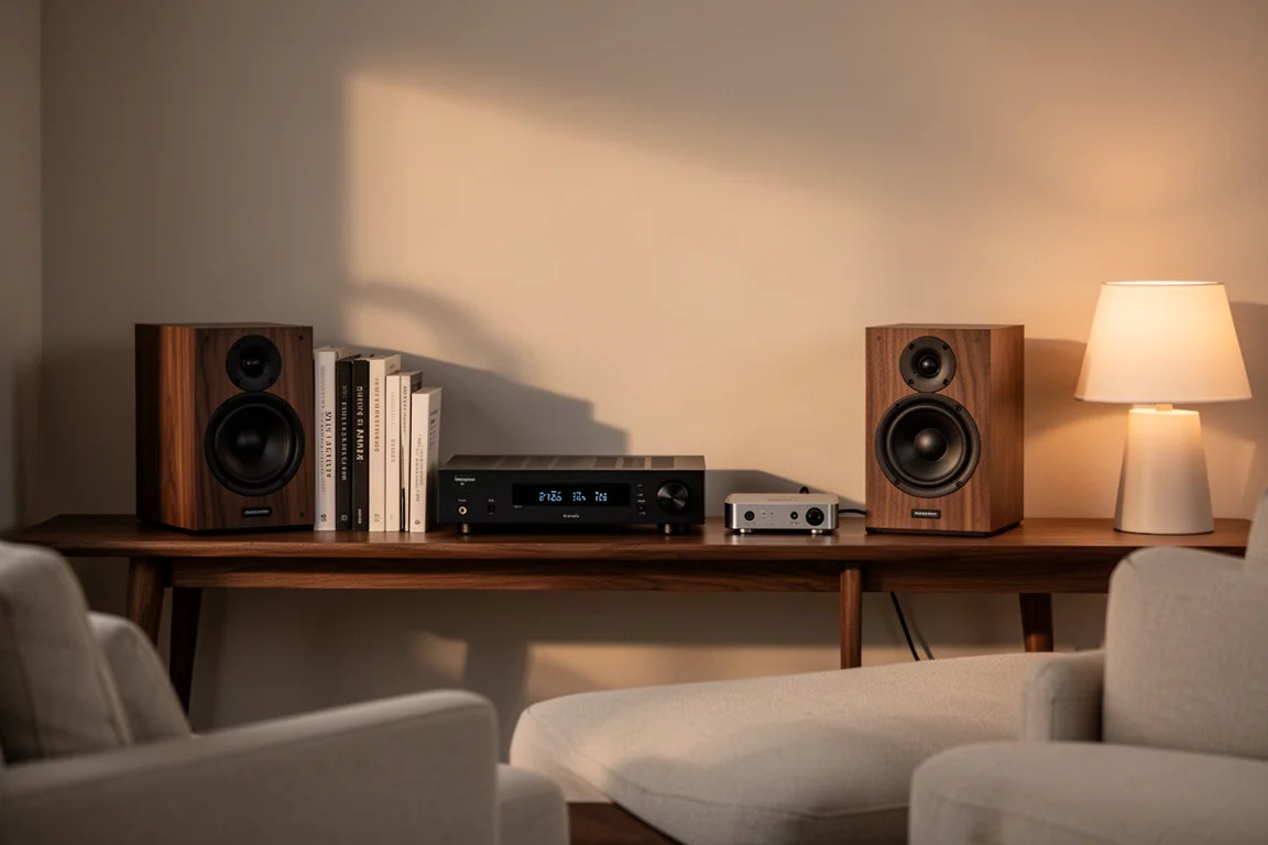 Small hi-fi shelf with bookshelf speakers and a compact amplifier in warm evening light