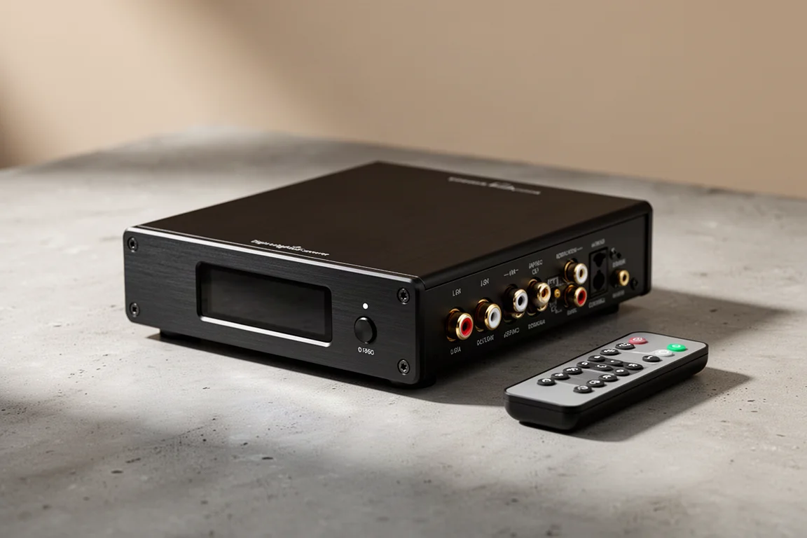Compact matte black desktop DAC with a small remote resting beside it on concrete