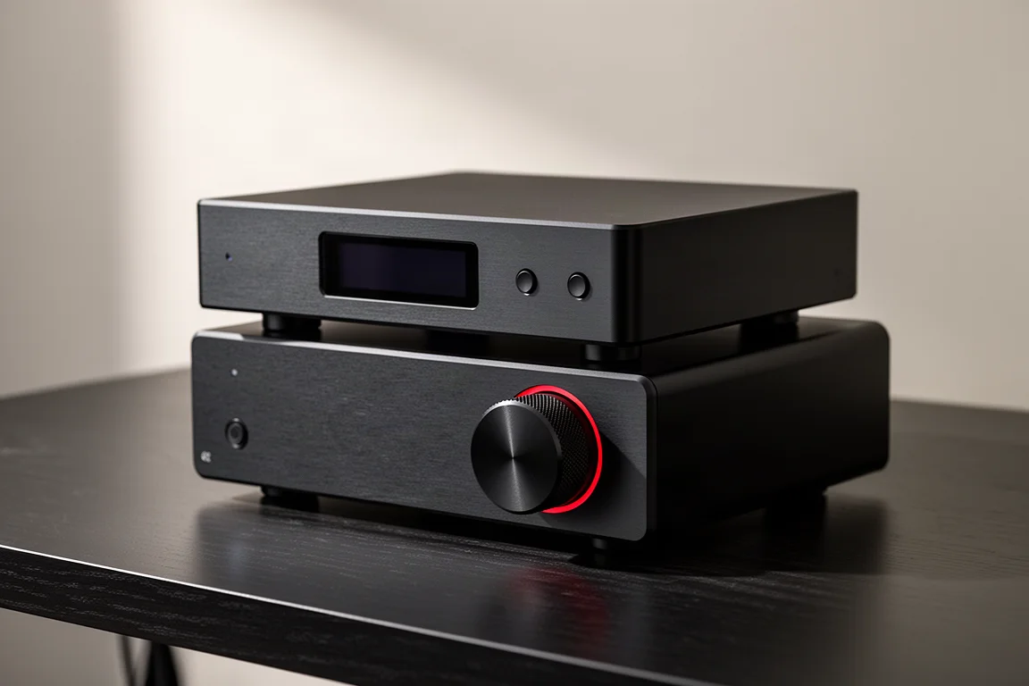 Stacked matte black desktop DAC and headphone amplifier on a dark wood desk