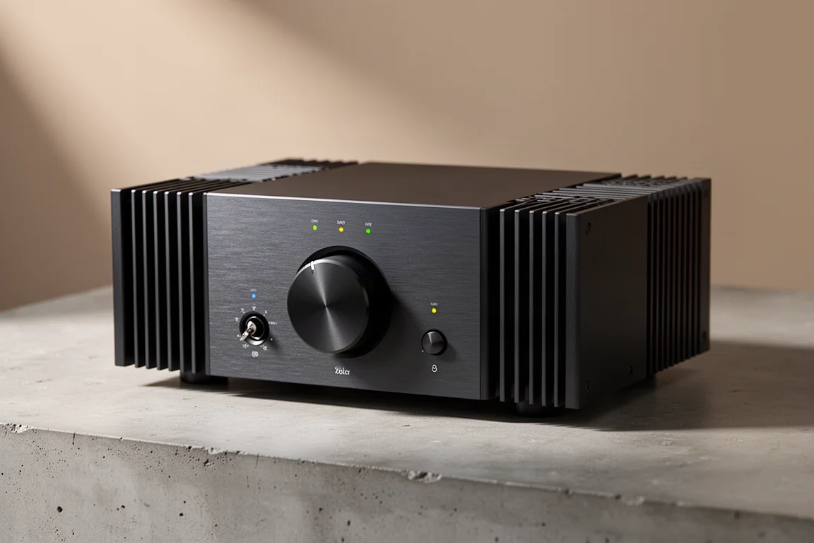 Compact dark aluminium power amplifier with large volume knob on matte concrete