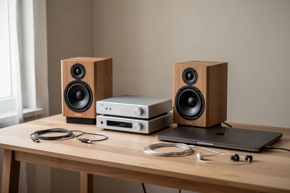 Kompakter Desktop-Hi-Fi-Stack mit kleinen Lautsprechern, Verstärker und DAC auf einem hellen Eichentisch