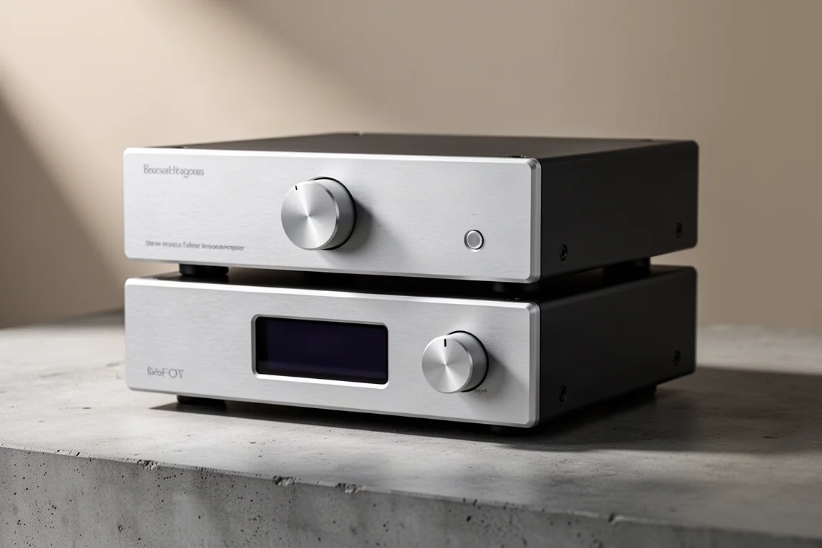 Two compact half-rack aluminium hi-fi components stacked on a concrete surface