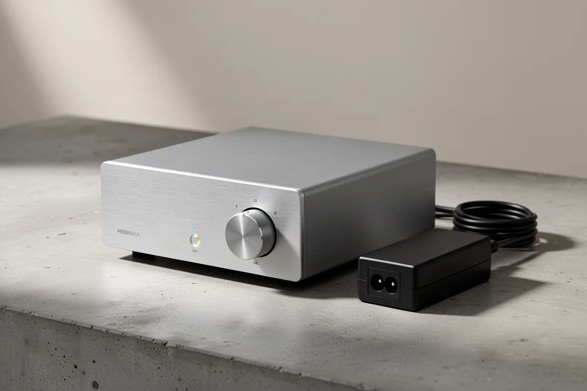 Compact brushed aluminium stereo amplifier with external power brick on a concrete surface
