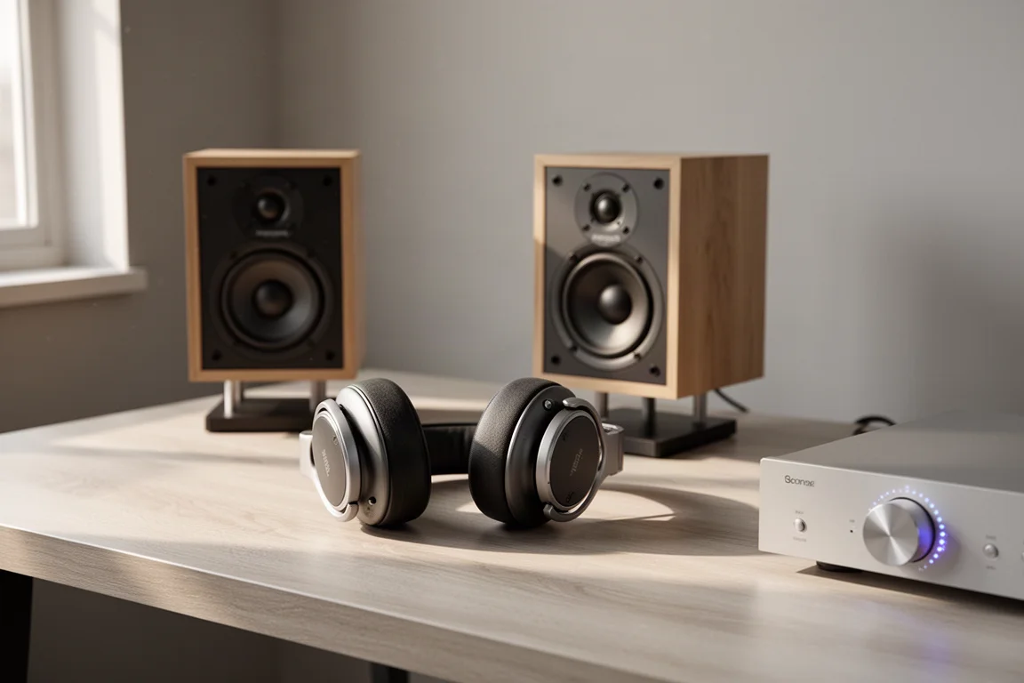 Escritorio con altavoces de estantería pequeños, auriculares de diadema y un amplificador plateado delgado