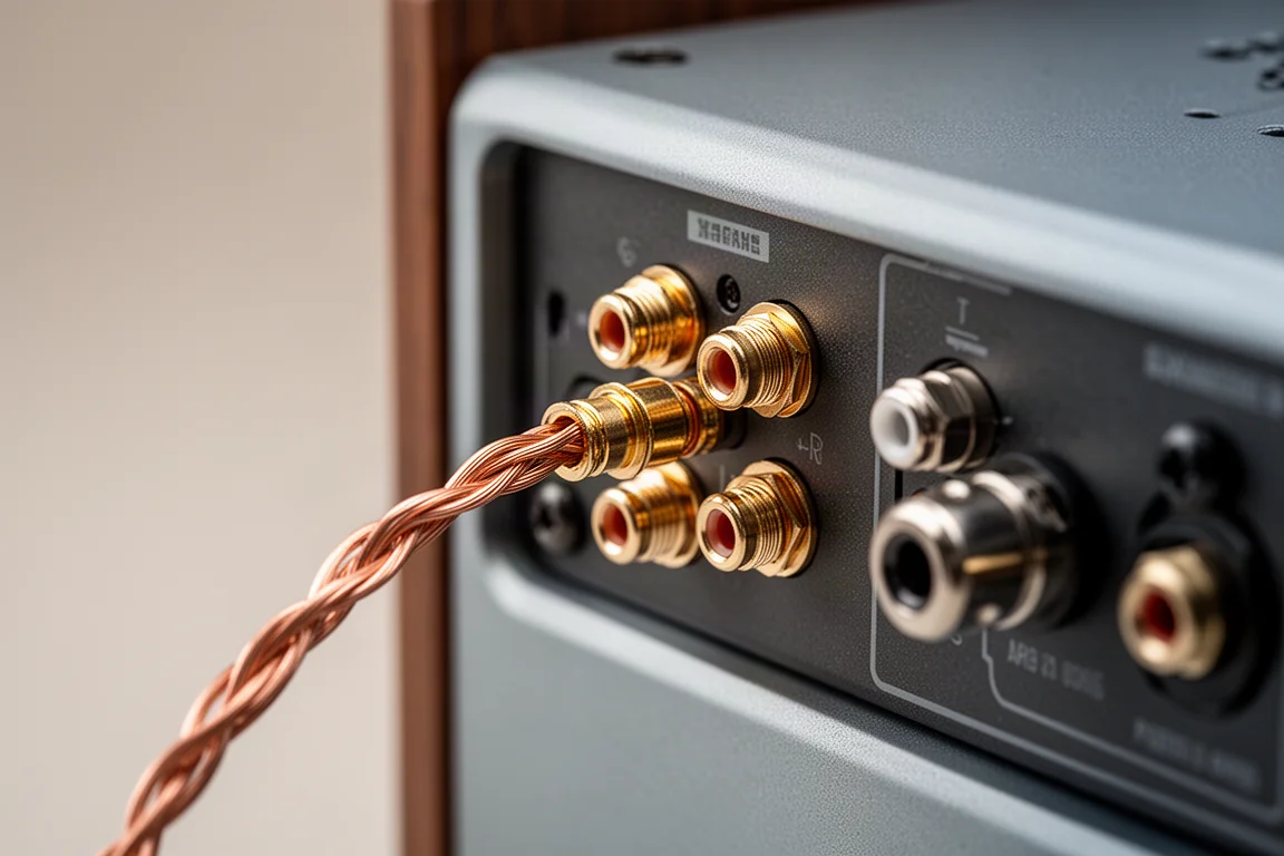 Cable de altavoz pelado entrando en un borne de cinco vías de un amplificador compacto