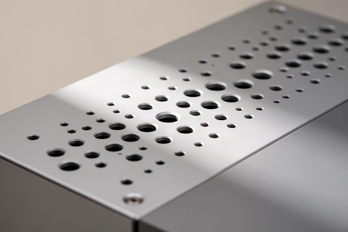 Vista cenital de los orificios de ventilación circulares en la tapa metálica mate de un amplificador