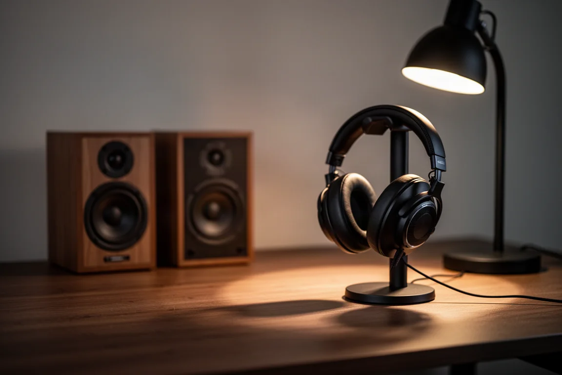 Escena de escucha nocturna en el escritorio con altavoces y auriculares bajo la luz cálida de una lámpara