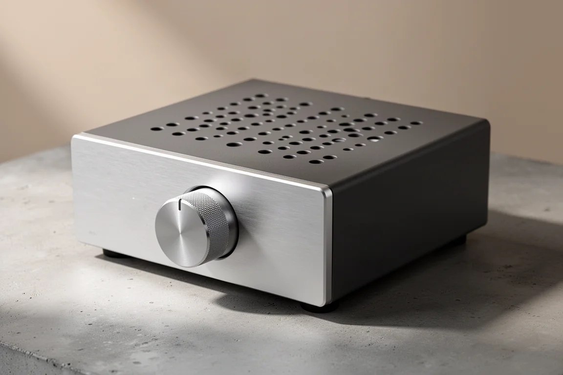 Compact silver desktop amplifier with a large volume knob and ventilated metal top