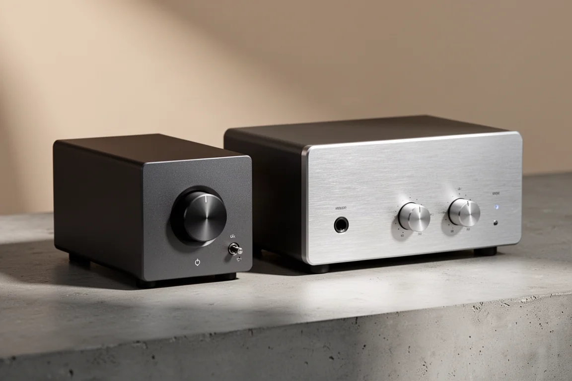 Two compact desktop Class D amplifiers side by side on a matte concrete surface