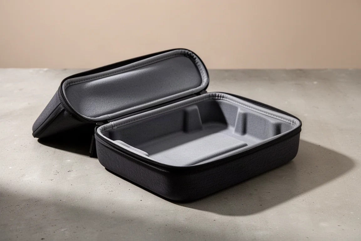 Dick gepolsterte Schutztasche zur Aufbewahrung, geöffnet auf einer Betonoberfläche