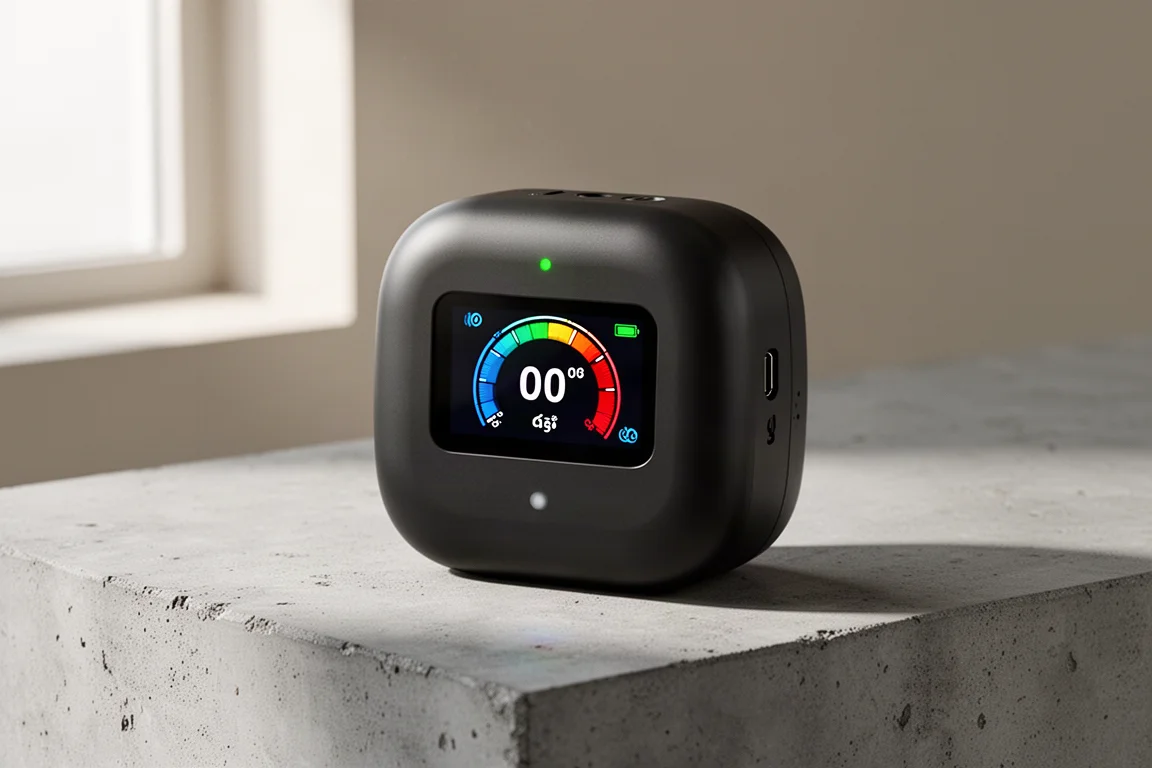Rilevatore di monossido di carbonio TopTech CT580 con display luminoso su superficie in calcestruzzo