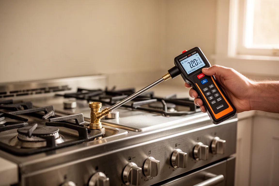 Gas leak detector sensing a gas stove connection in a home kitchen
