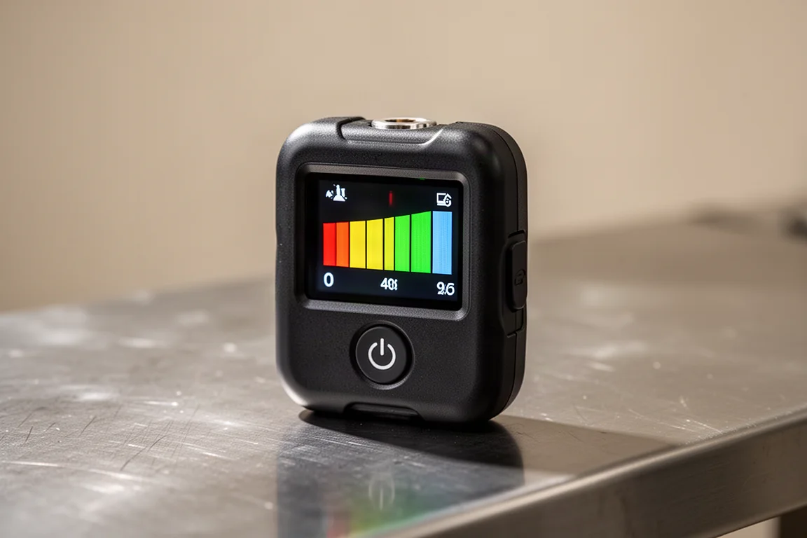 Compact gas detector displaying a level reading on its screen