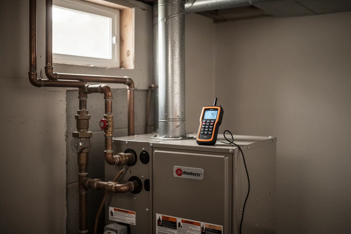 Furnace connections in a home utility space being checked