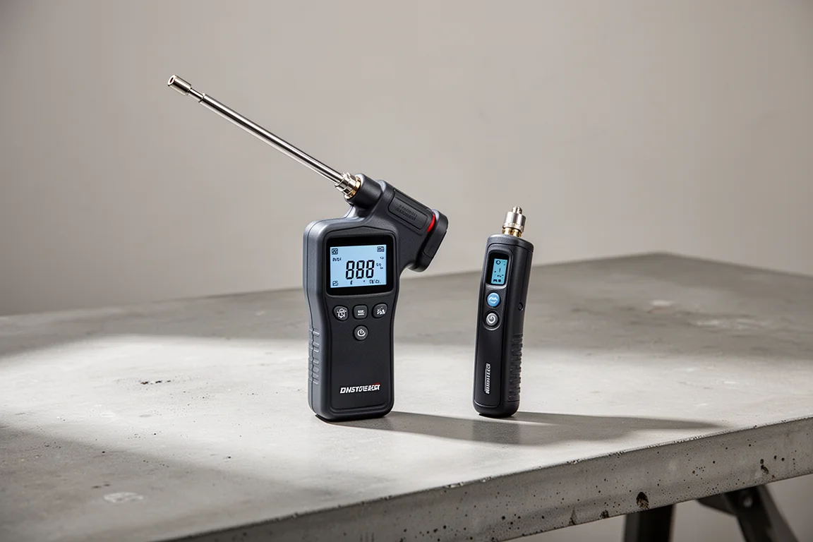 Two gas leak detectors side by side on a workbench