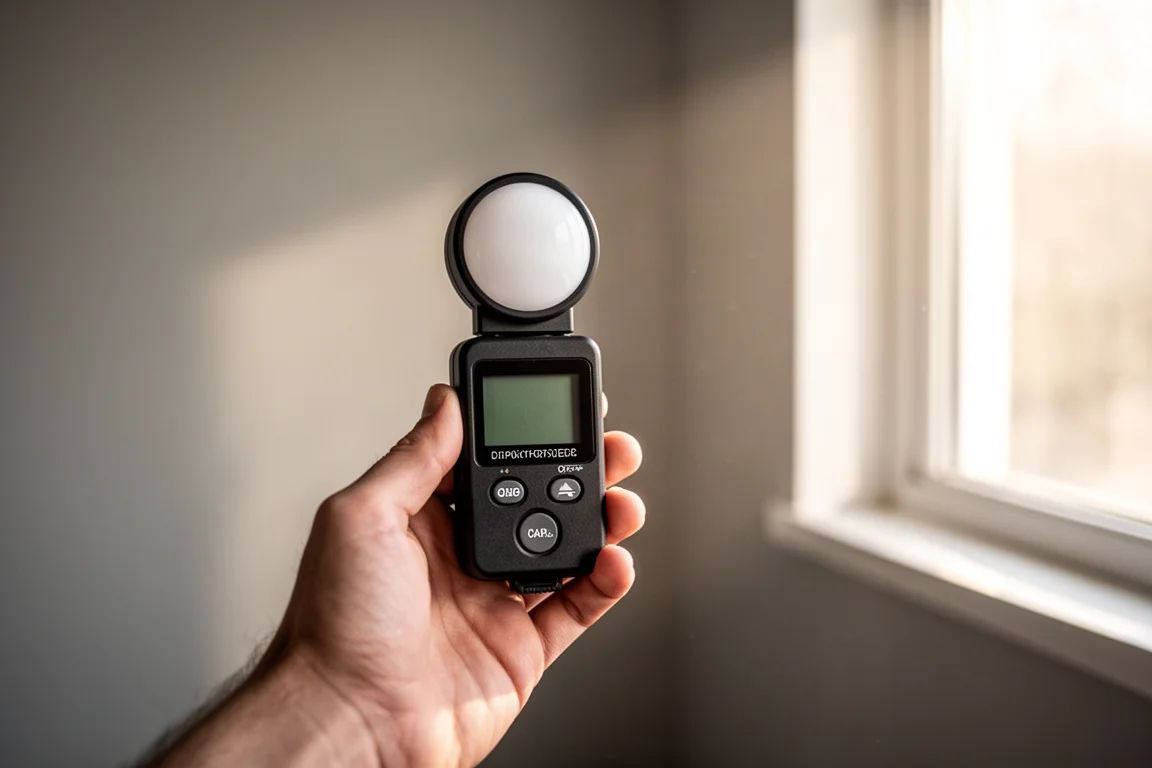 Handheld light meter held in front of a window to measure daylight