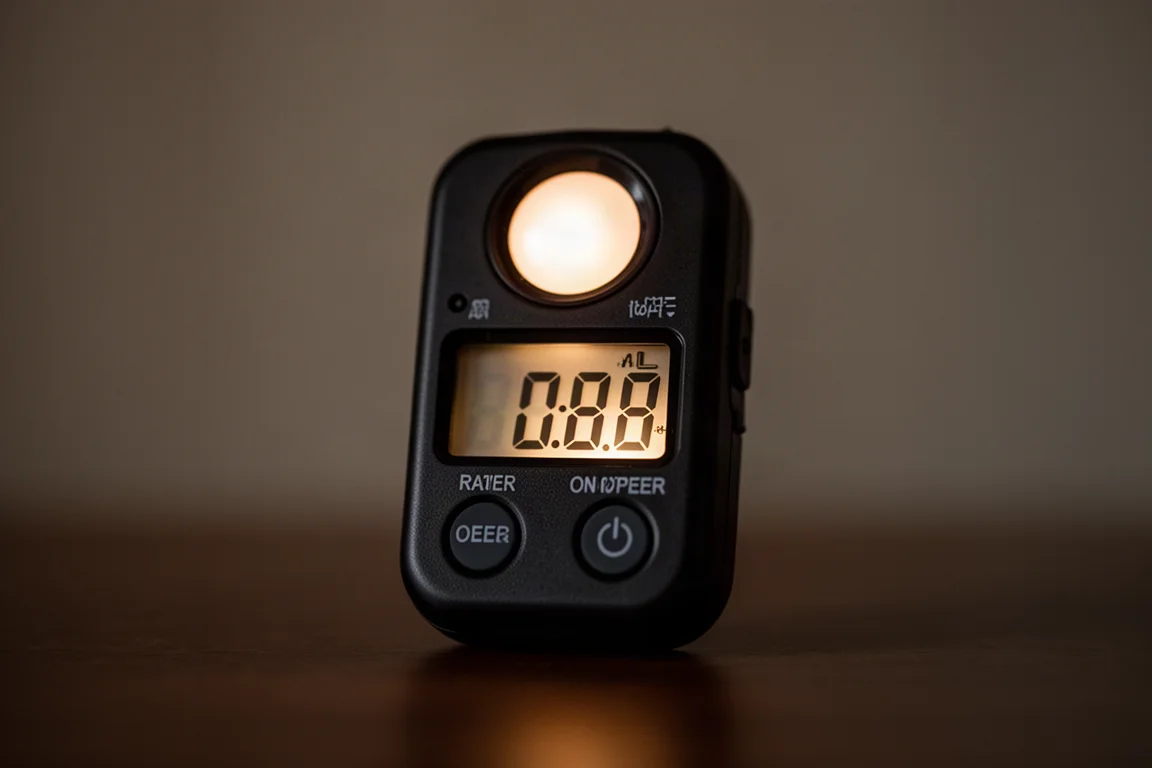 Light meter backlight glowing in a dimly lit room